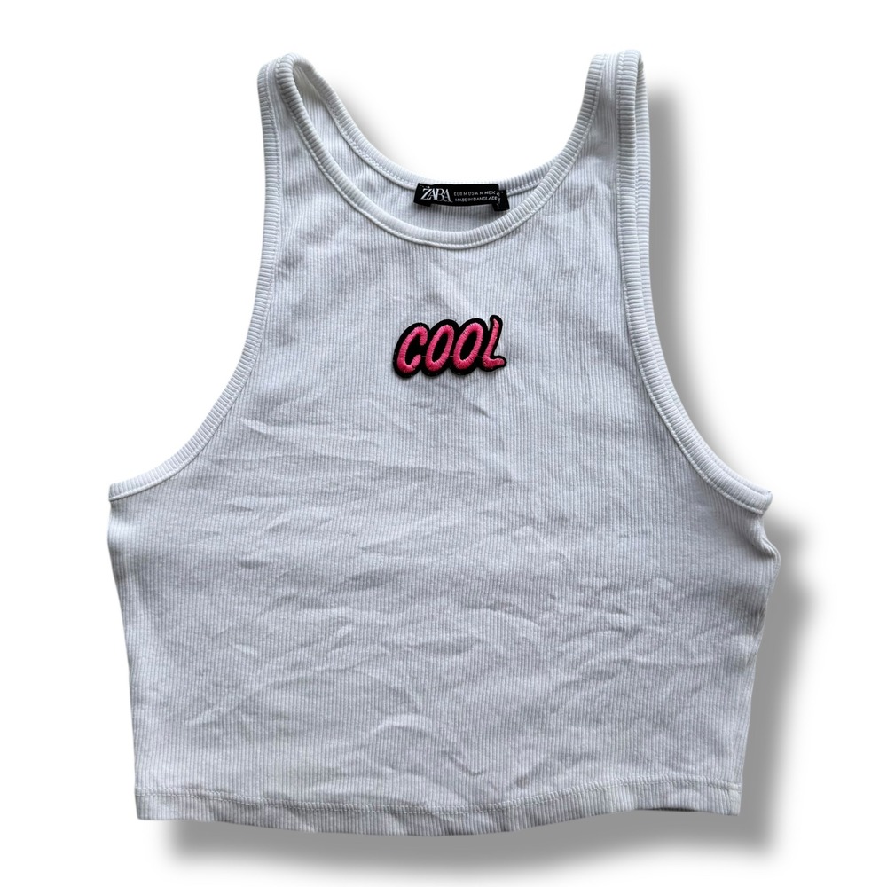 Zara Women M White Hot Pink COOL Patch High Neck Ribbed Crop Tank Top Streetwear